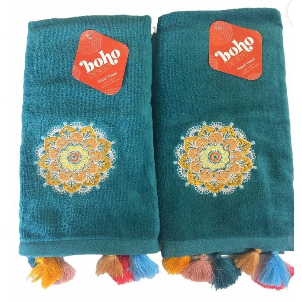 Boho Desert Southwest Hand Towels Embroidered Tassels Native Turquoise Set of 2